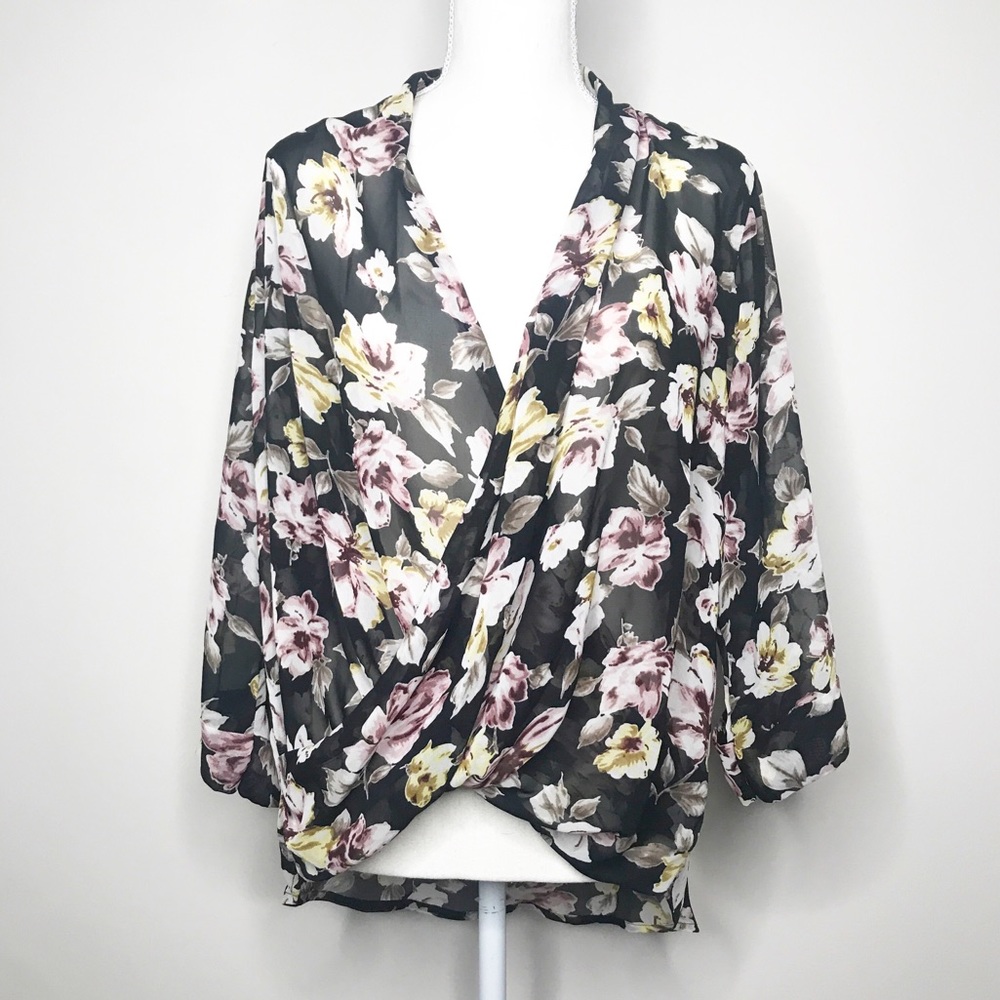 Leith Black Floral Sheer Wrap Front Hi Low Blouse